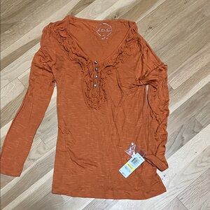 INC International Concepts Burnt Orange Ruffled Long Sleeve Top